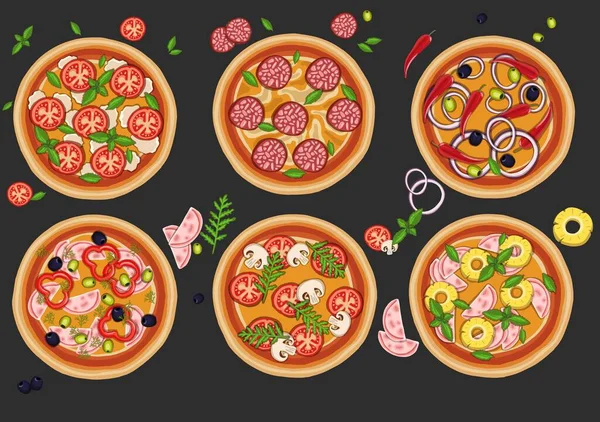 Pizzen mit verschiedenen Füllungen. Illustration — Stockfoto