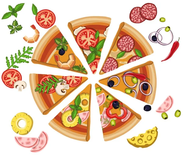 Ensemble de pizzas avec divers garnitures. illustration — Image vectorielle