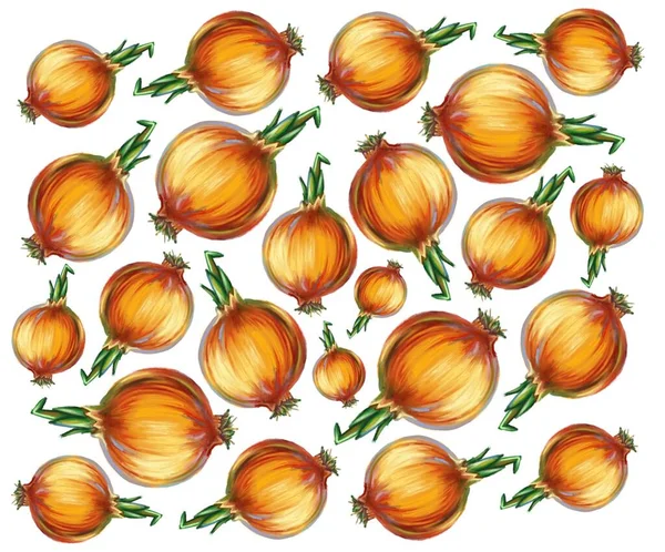Ilustrasi bawang merah dengan potongan pola sayuran yang diset — Stok Foto