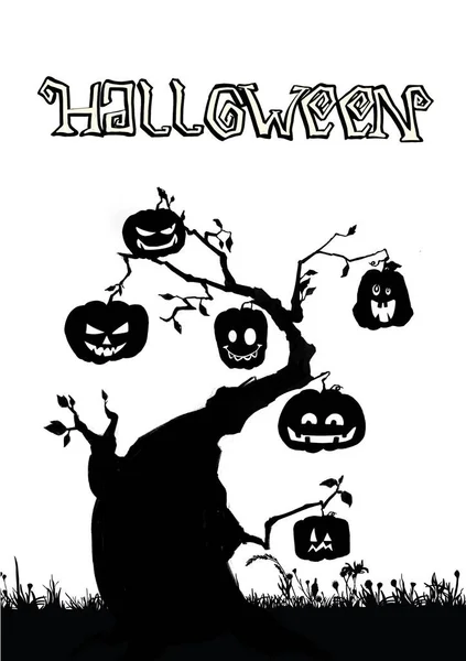 Cena com árvore de Halloween, ilustração — Fotografia de Stock