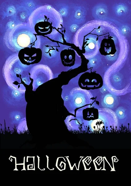 Scéna s halloweenským stromem, ilustrace — Stock fotografie