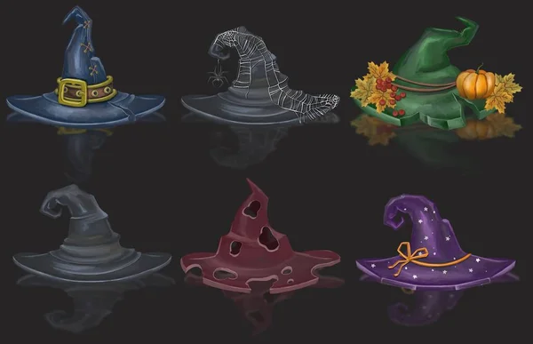 五颜六色的女巫和魔法帽，头戴带子，头戴尖尖帽子 — 图库照片