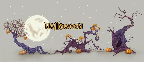 Háttér Halloweenkor. Fekete fa a telihold hátterében. Halloween sütőtök ragyogással. — Stock Fotó