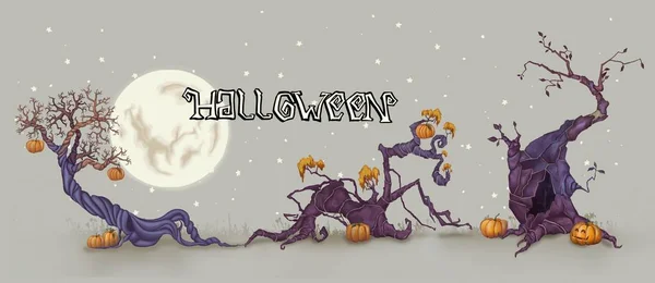 Sfondo per Halloween. Albero nero sullo sfondo della luna piena. Zucche di Halloween con bagliore. — Foto Stock