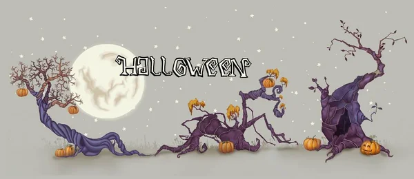 Háttér Halloweenkor. Fekete fa a telihold hátterében. Halloween sütőtök ragyogással. — Stock Fotó