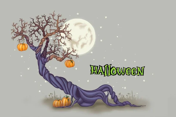 Fondo para Halloween. Árbol negro sobre el fondo de la luna llena. Calabazas de Halloween con brillo. —  Fotos de Stock