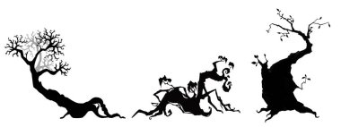 Cadılar Bayramı için arka plan. Dolunayın arka planına karşı kara ağaç. Parlayan Cadılar Bayramı balkabakları.