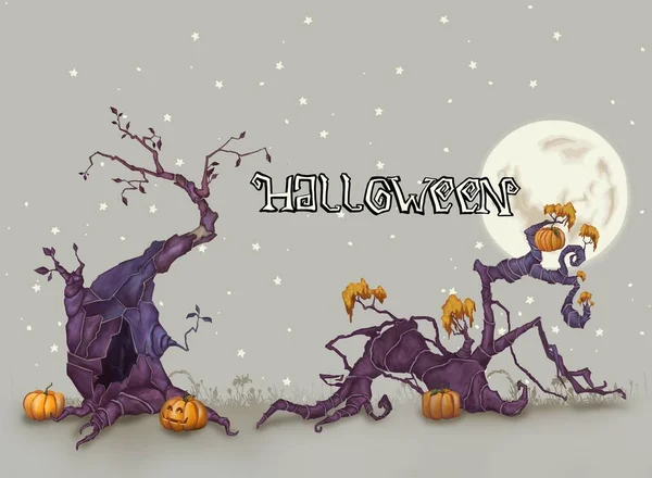 Antecedentes para o Halloween. Árvore negra no fundo da lua cheia. Abóboras de Halloween com brilho . — Fotografia de Stock