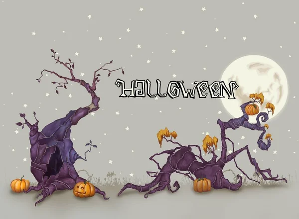 Háttér Halloweenkor. Fekete fa a telihold hátterében. Halloween sütőtök ragyogással. — Stock Fotó