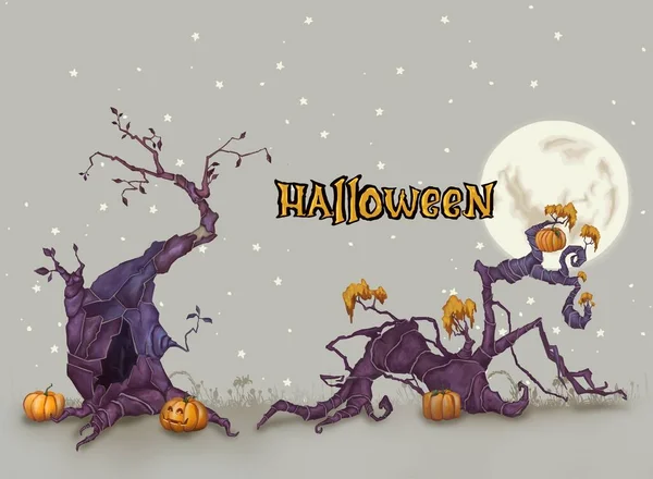 Bakgrund till Halloween. Svart träd mot bakgrund av fullmånen. Halloween pumpor med glöd. — Stockfoto