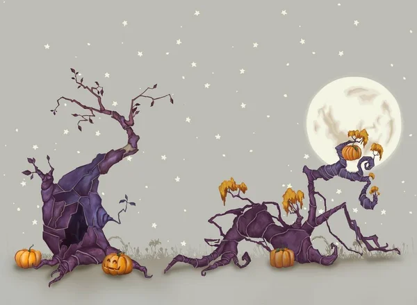 Achtergrond voor Halloween. Zwarte boom tegen de achtergrond van de volle maan. Halloween pompoenen met gloed. — Stockfoto