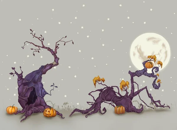 Fondo para Halloween. Árbol negro sobre el fondo de la luna llena. Calabazas de Halloween con brillo. — Foto de Stock