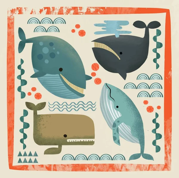 Patrón sin costura con peces, ballenas — Foto de Stock