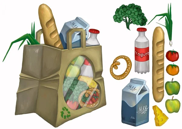 Sac à provisions marchandises et produits de consommation . — Image vectorielle
