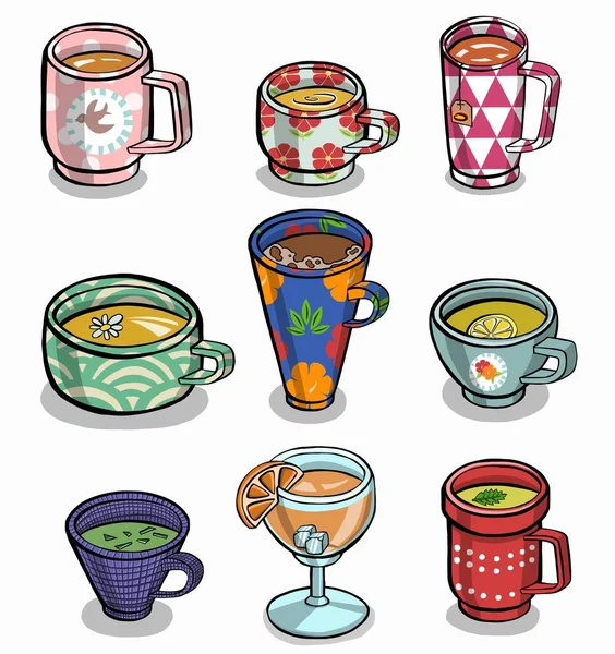 Set of various cups with tea or coffee. Side view. — Stock Vector