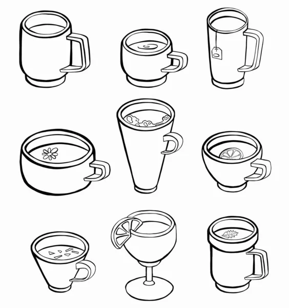 Набір різних чашок з чаєм або кавою. Вид збоку . — стоковий вектор