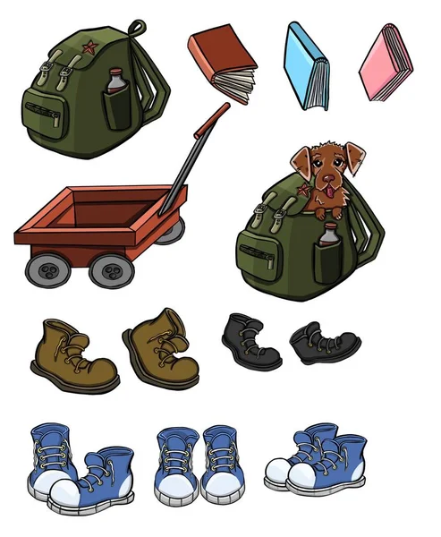 set of camping and hiking equipment, outdoors adventure, recreation tourism. Isolated items needed in the journey. Vector illustration