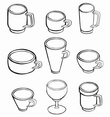 Çay ya da kahve eşliğinde çeşitli bardaklar. Yan görüş. Farklı süsler. Çiçekler, böğürtlenler vs. El çizimi renkli çizimler. Çizgi film tarzı. Düz dizayn. Yüksek kaliteli illüstrasyon