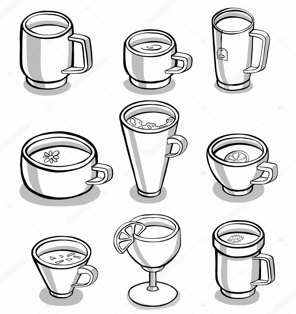 Set of various cups with tea or coffee. Side view. Different ornaments. Flowers, berries, etc Hand drawn colored trendy illustration. Cartoon style. Flat design. High quality illustration