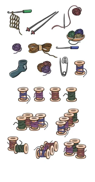 Készlet Műanyag Bobbins Orsók Színes Szál Elszigetelt Háttérben Vektorillusztráció — Stock Vector