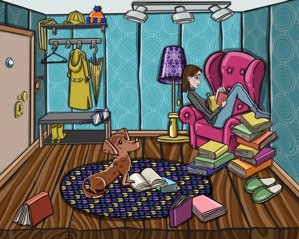 少女はソファに横になり アパートで本を読み 男は編み物をする 趣味は家 高品質の写真 — ストック写真