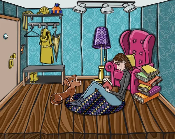 少女はソファに横になり アパートで本を読み 男は編み物をする 趣味は家 高品質の写真 — ストック写真