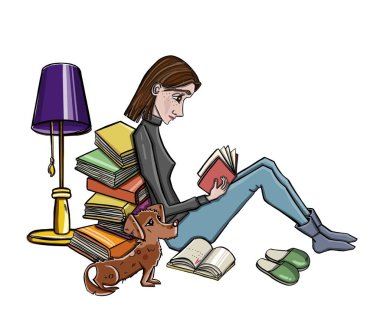 Lamba ve kitaplarla kitap okuyan bir kadın. Vektör illüstrasyonu