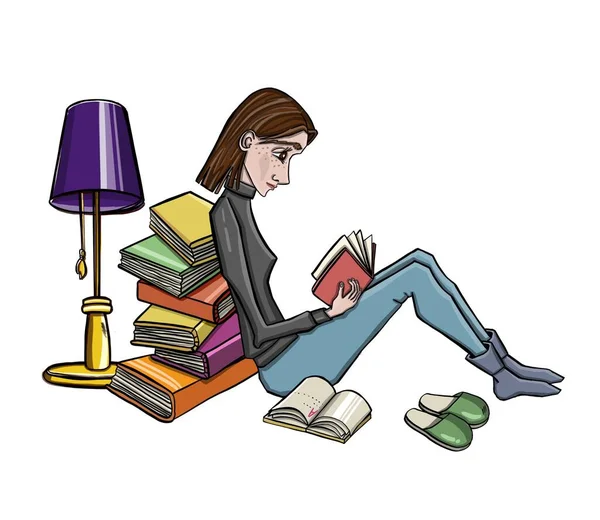Lamba ve kitaplarla kitap okuyan bir kadın. Vektör illüstrasyonu