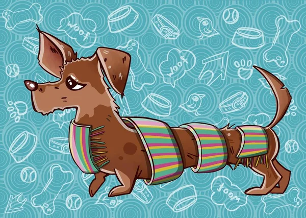  Eşarplı komik bir dachshund. Elle çizilmiş. Vektör illüstrasyonu