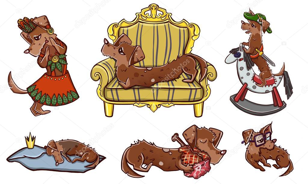  illustration set of cute and funny cartoon little dogs-pupies. Vector illustration