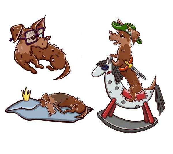 Illustration Set Cute Funny Cartoon Little Dogs Pupies Vector Illustration — Stock Vector