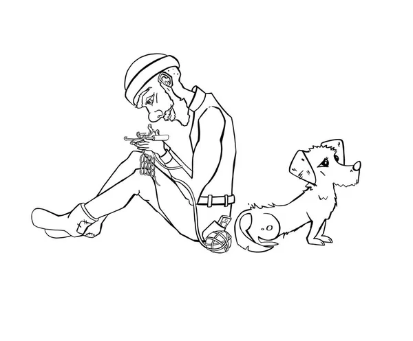 Herr Strickt Mit Hund Auf Dem Teppich Hochwertige Illustration — Stockfoto