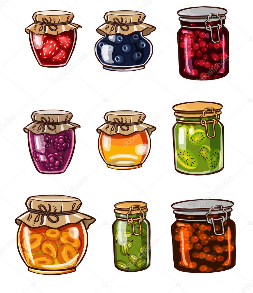 Jars of jam. Harvest for the winter. High quality illustration