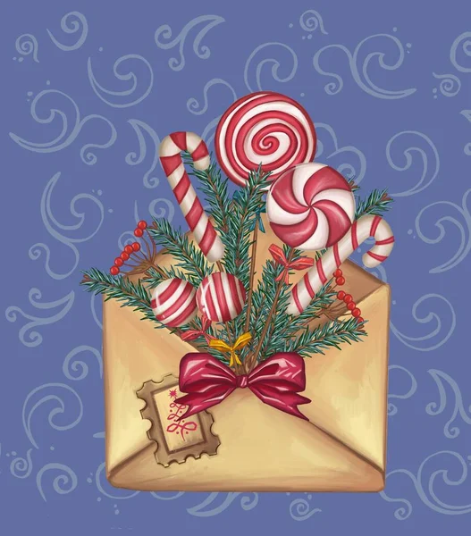Enveloppe Avec Décorations Noël Bonbons Sucettes Biscuits Illustration Haute Qualité — Photo