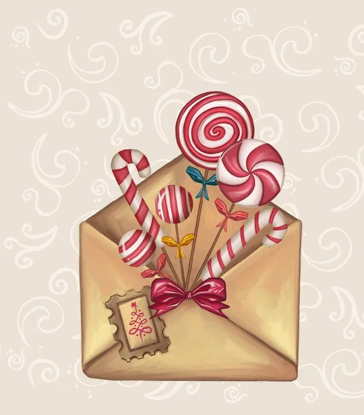 Umschlag Mit Weihnachtsschmuck Süßigkeiten Lutschern Plätzchen Hochwertige Illustration — Stockfoto