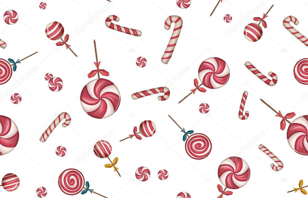 seamless pattern with candies, lollipops and stars Vintage backdrop for Christmas design. High quality illustration