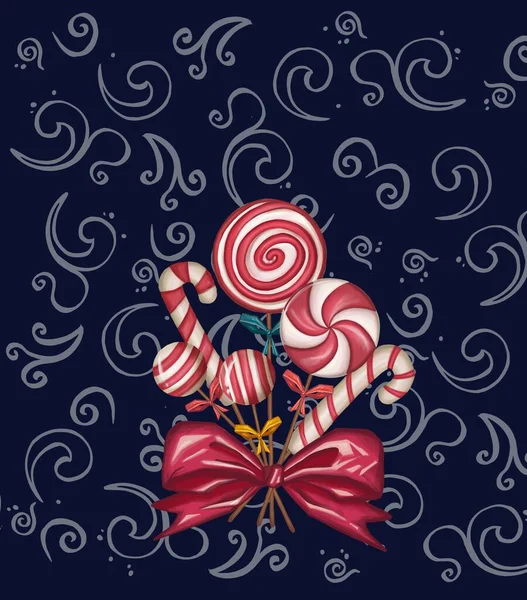Lollipops Caramelos Dulces Fondo Ilustración Ramo Navideño Ramas Pino Decoraciones — Foto de Stock