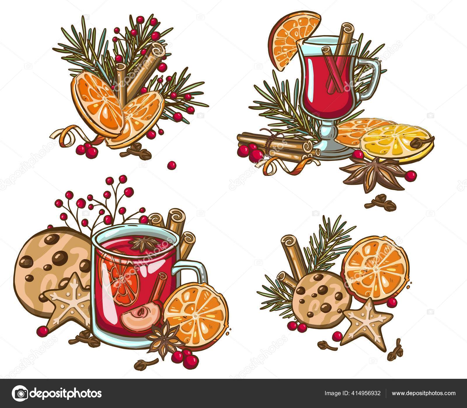 Рождественское Глинтвейна Ручная Роспись Бокал Вина Корица Пряники.