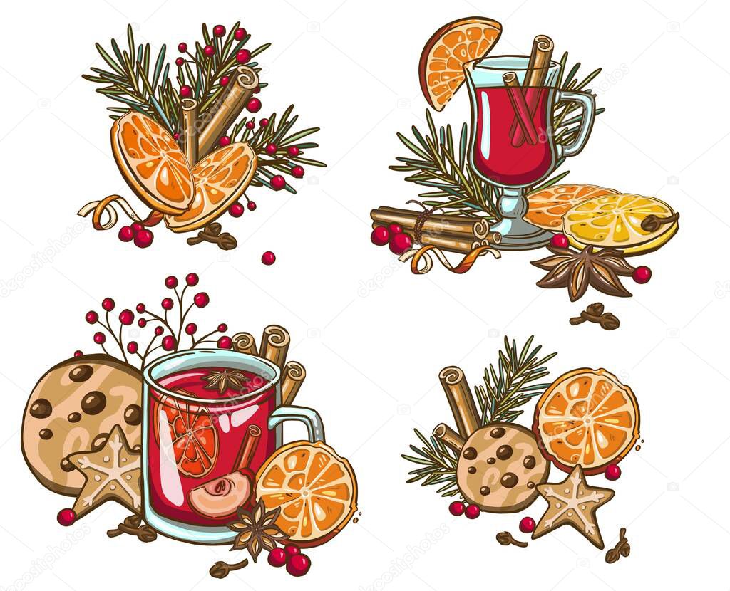 Christmas mulled wine. Hand painted wine glass, cinnamon, gingerbread and fir branch isolated on white background. Winter illustration for design, print, fabric. 