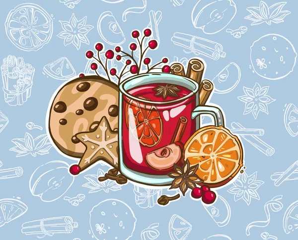 Vin Chaud Noël Verre Vin Peint Main Cannelle Pain Épice — Image vectorielle