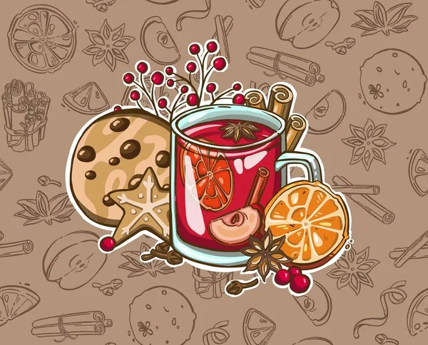 Vin Chaud Noël Verre Vin Peint Main Cannelle Pain Épice — Image vectorielle