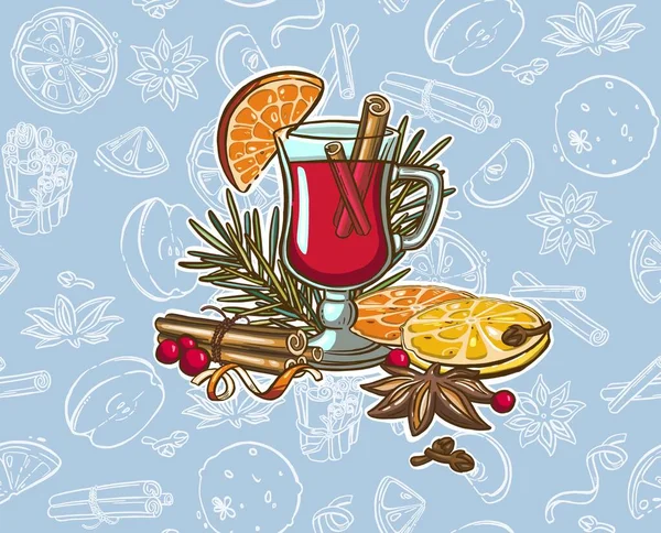 크리스마스다진 포도주 손으로 바탕에는 포도주 생강빵 전나무 가지를 칠하였다 디자인 — 스톡 벡터