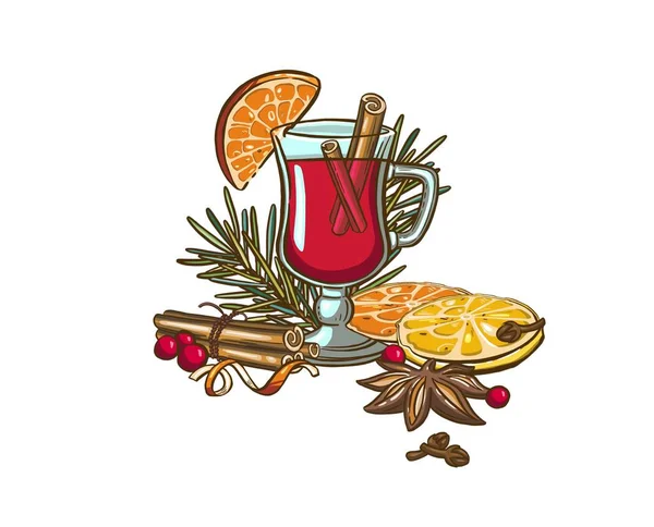 Yılbaşı şarabı. Beyaz arka planda el boyası şarap kadehi, tarçın, zencefilli ekmek ve köknar dalı var. Tasarım, baskı ve kumaş için kış illüstrasyonu. 