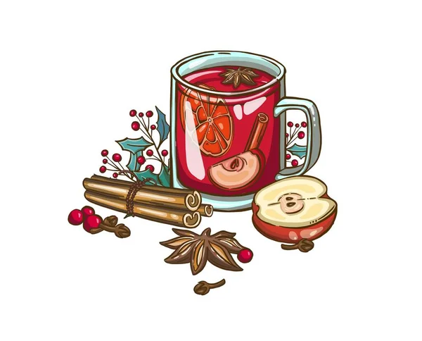 クリスマスはワインを飲みました 手描きのワイングラス シナモン ジンジャーブレッドと白い背景に隔離されたモミの枝 デザイン 生地のための冬のイラスト — ストックベクタ