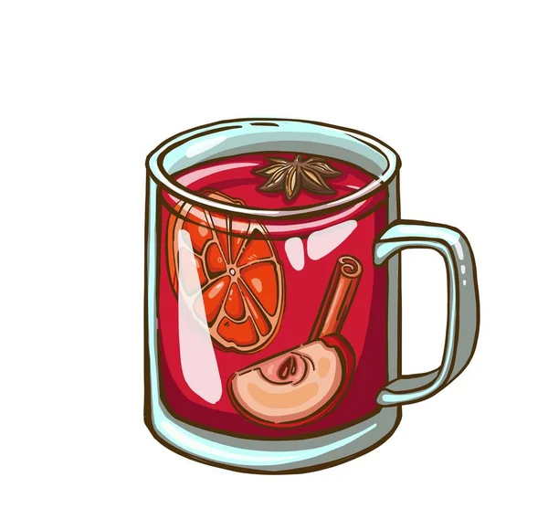 Vin Chaud Noël Verre Vin Peint Main Cannelle Pain Épice — Image vectorielle