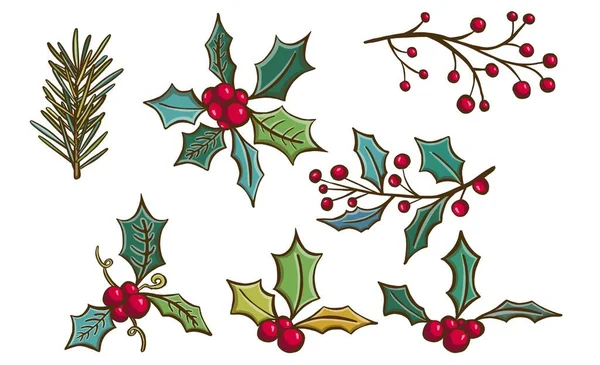 Mano Dibujada Con Bayas Rojas Ramas Abeto Tarjetas Navidad Diseño — Vector de stock