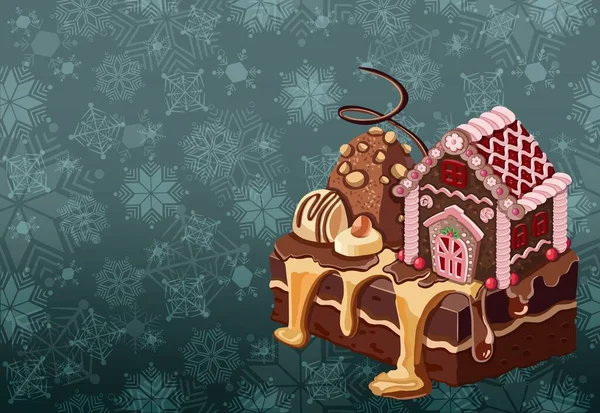 Gece arkaplanında el çizimi zencefilli kurabiye evi olan bir kartpostal. Noel kurabiyeleri ve kar taneleri. Mutlu Noel mektupları. Yüksek kaliteli illüstrasyon