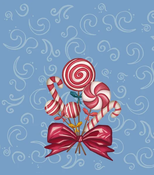 Lollipops Caramelos Dulces Fondo Ilustración Ramo Navideño Ramas Pino Decoraciones — Foto de Stock