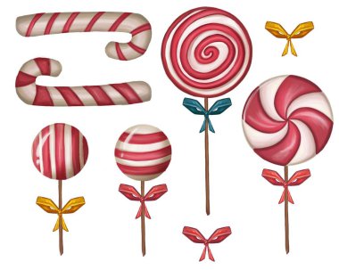 Gerçekçi Noel şekerlemeleri, dekorasyonlar, şekerler. Yüksek kaliteli illüstrasyon