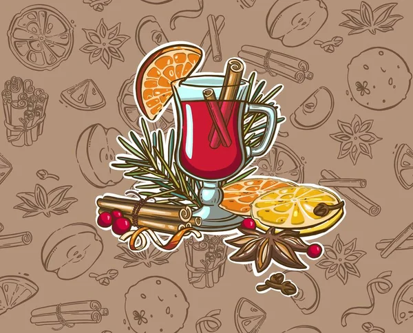 Vin Chaud Noël Verre Vin Peint Main Cannelle Pain Épice — Image vectorielle